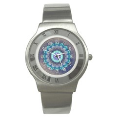 Folk Art Lotus Mandala Blue Turquoise Stainless Steel Watch by EDDArt