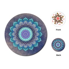 Folk Art Lotus Mandala Blue Turquoise Playing Cards (round)  by EDDArt