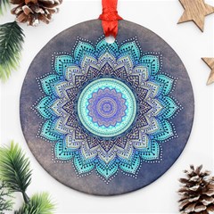 Folk Art Lotus Mandala Blue Turquoise Round Ornament (two Sides) by EDDArt