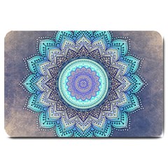 Folk Art Lotus Mandala Blue Turquoise Large Doormat  by EDDArt