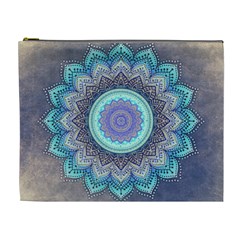 Folk Art Lotus Mandala Blue Turquoise Cosmetic Bag (xl) by EDDArt