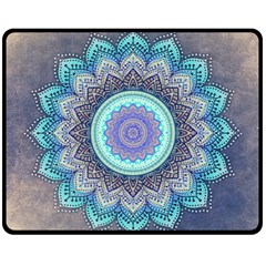 Folk Art Lotus Mandala Blue Turquoise Fleece Blanket (medium)  by EDDArt