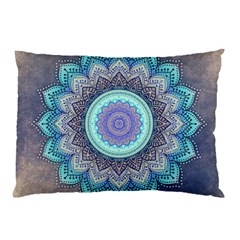 Folk Art Lotus Mandala Blue Turquoise Pillow Case (two Sides) by EDDArt