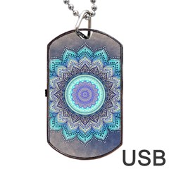 Folk Art Lotus Mandala Blue Turquoise Dog Tag Usb Flash (two Sides) by EDDArt