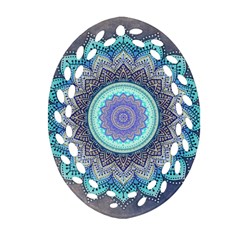 Folk Art Lotus Mandala Blue Turquoise Oval Filigree Ornament (two Sides) by EDDArt