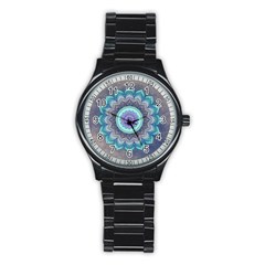 Folk Art Lotus Mandala Blue Turquoise Stainless Steel Round Watch by EDDArt