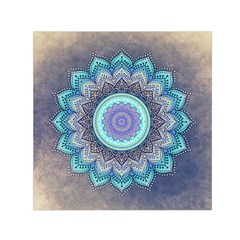 Folk Art Lotus Mandala Blue Turquoise Small Satin Scarf (square) by EDDArt