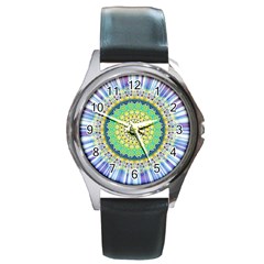 Power Mandala Sun Blue Green Yellow Lilac Round Metal Watch by EDDArt