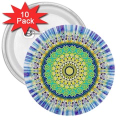 Power Mandala Sun Blue Green Yellow Lilac 3  Buttons (10 Pack)  by EDDArt