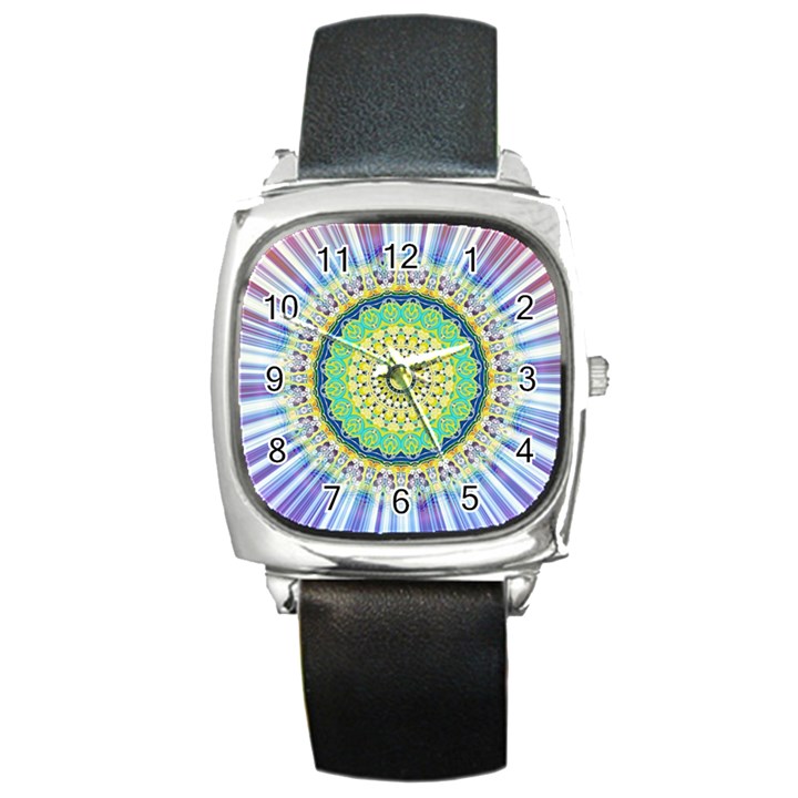 Power Mandala Sun Blue Green Yellow Lilac Square Metal Watch