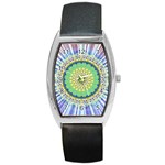 Power Mandala Sun Blue Green Yellow Lilac Barrel Style Metal Watch Front