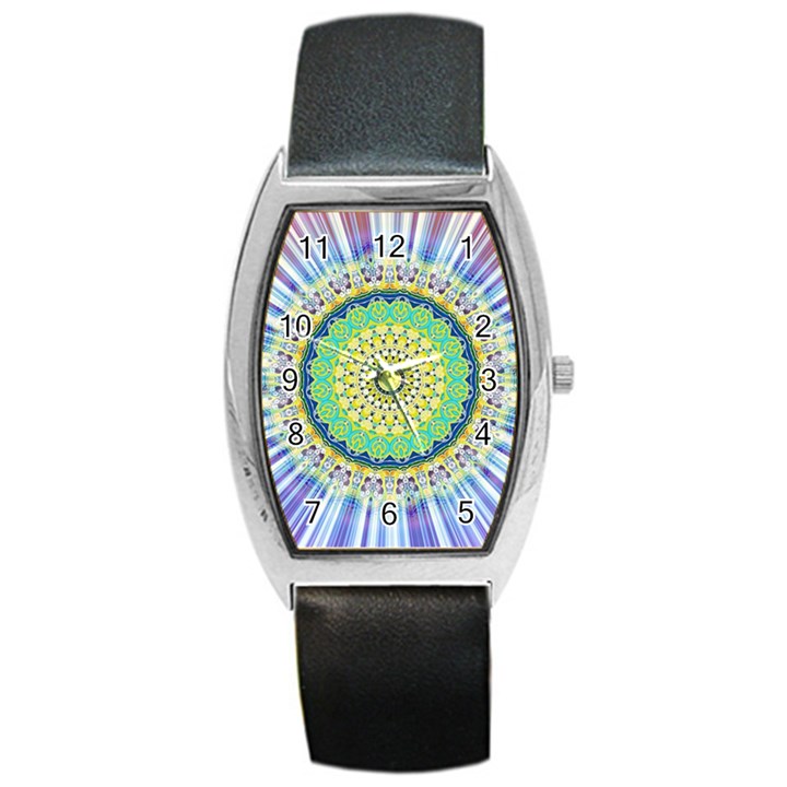 Power Mandala Sun Blue Green Yellow Lilac Barrel Style Metal Watch