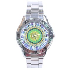 Power Mandala Sun Blue Green Yellow Lilac Stainless Steel Analogue Watch by EDDArt