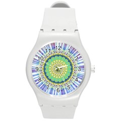 Power Mandala Sun Blue Green Yellow Lilac Round Plastic Sport Watch (m) by EDDArt