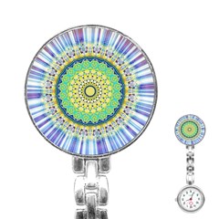 Power Mandala Sun Blue Green Yellow Lilac Stainless Steel Nurses Watch by EDDArt