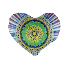 Power Mandala Sun Blue Green Yellow Lilac Standard 16  Premium Flano Heart Shape Cushions by EDDArt