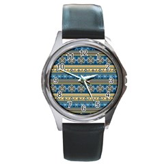 Vintage Border Wallpaper Pattern Blue Gold Round Metal Watch by EDDArt