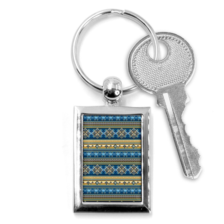 Vintage Border Wallpaper Pattern Blue Gold Key Chains (Rectangle) 