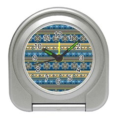 Vintage Border Wallpaper Pattern Blue Gold Travel Alarm Clock by EDDArt