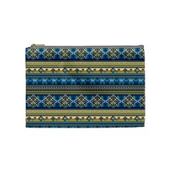 Vintage Border Wallpaper Pattern Blue Gold Cosmetic Bag (medium) by EDDArt