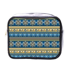 Vintage Border Wallpaper Pattern Blue Gold Mini Toiletries Bags by EDDArt