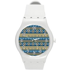 Vintage Border Wallpaper Pattern Blue Gold Round Plastic Sport Watch (m) by EDDArt