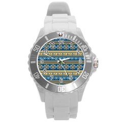 Vintage Border Wallpaper Pattern Blue Gold Round Plastic Sport Watch (l) by EDDArt