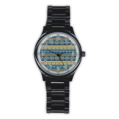 Vintage Border Wallpaper Pattern Blue Gold Stainless Steel Round Watch by EDDArt