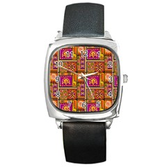 Traditional Africa Border Wallpaper Pattern Colored 3 Square Metal Watch by EDDArt