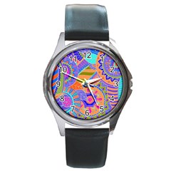 Pop Art Paisley Flowers Ornaments Multicolored 3 Round Metal Watch by EDDArt