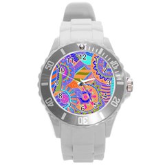 Pop Art Paisley Flowers Ornaments Multicolored 3 Round Plastic Sport Watch (l) by EDDArt