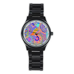 Pop Art Paisley Flowers Ornaments Multicolored 3 Stainless Steel Round Watch by EDDArt