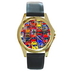 Colorful Toy Racing Cars Round Gold Metal Watch by FunnyCow