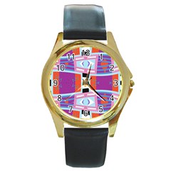 Mirrored Distorted Shapes                                    Round Gold Metal Watch by LalyLauraFLM