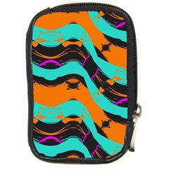 Blue Orange Black Waves                                         Compact Camera Leather Case by LalyLauraFLM