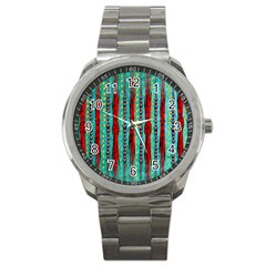 Bluegreen Background Red And Orange Seamless Design Created By Flipstylez Designs Sport Metal Watch by flipstylezfashionsLLC