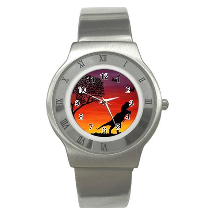 Sunset Dinosaur scene Stainless Steel Watch