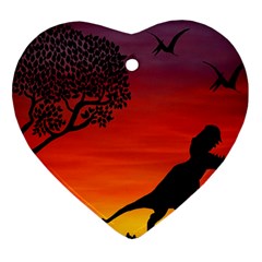 Sunset Dinosaur Scene Heart Ornament (two Sides)