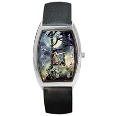 Cute Little Fairy With Kitten On A Swing Barrel Style Metal Watch