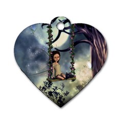 Cute Little Fairy With Kitten On A Swing Dog Tag Heart (one Side) by FantasyWorld7