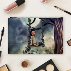 Cute Little Fairy With Kitten On A Swing Cosmetic Bag (large) by FantasyWorld7