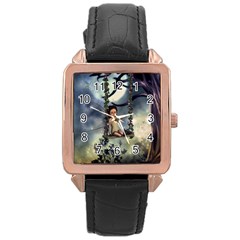 Cute Little Fairy With Kitten On A Swing Rose Gold Leather Watch  by FantasyWorld7