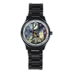 Cute Little Fairy With Kitten On A Swing Stainless Steel Round Watch by FantasyWorld7