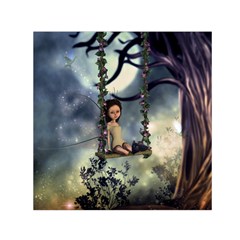 Cute Little Fairy With Kitten On A Swing Small Satin Scarf (square) by FantasyWorld7