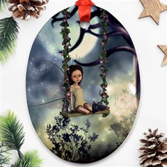 Cute Little Fairy With Kitten On A Swing Ornament (oval) by FantasyWorld7