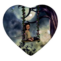 Cute Little Fairy With Kitten On A Swing Ornament (heart) by FantasyWorld7