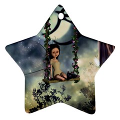 Cute Little Fairy With Kitten On A Swing Ornament (star) by FantasyWorld7