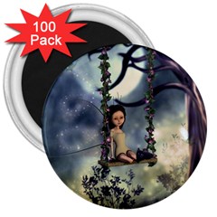 Cute Little Fairy With Kitten On A Swing 3  Magnets (100 Pack) by FantasyWorld7