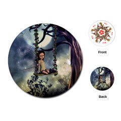 Cute Little Fairy With Kitten On A Swing Playing Cards (round)  by FantasyWorld7