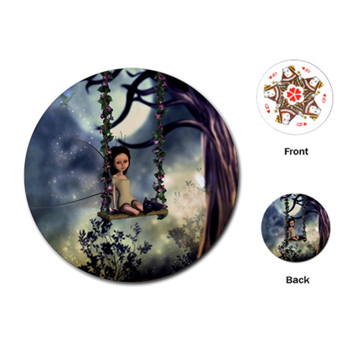 Cute Little Fairy With Kitten On A Swing Playing Cards (Round) 